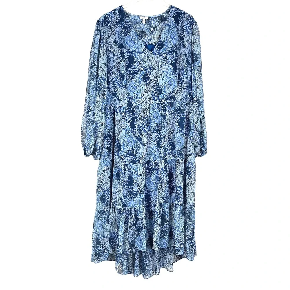 Joie Blue Women Midi XL Abstract Print Tiered Long Sleeve V-Neck High Low Dress